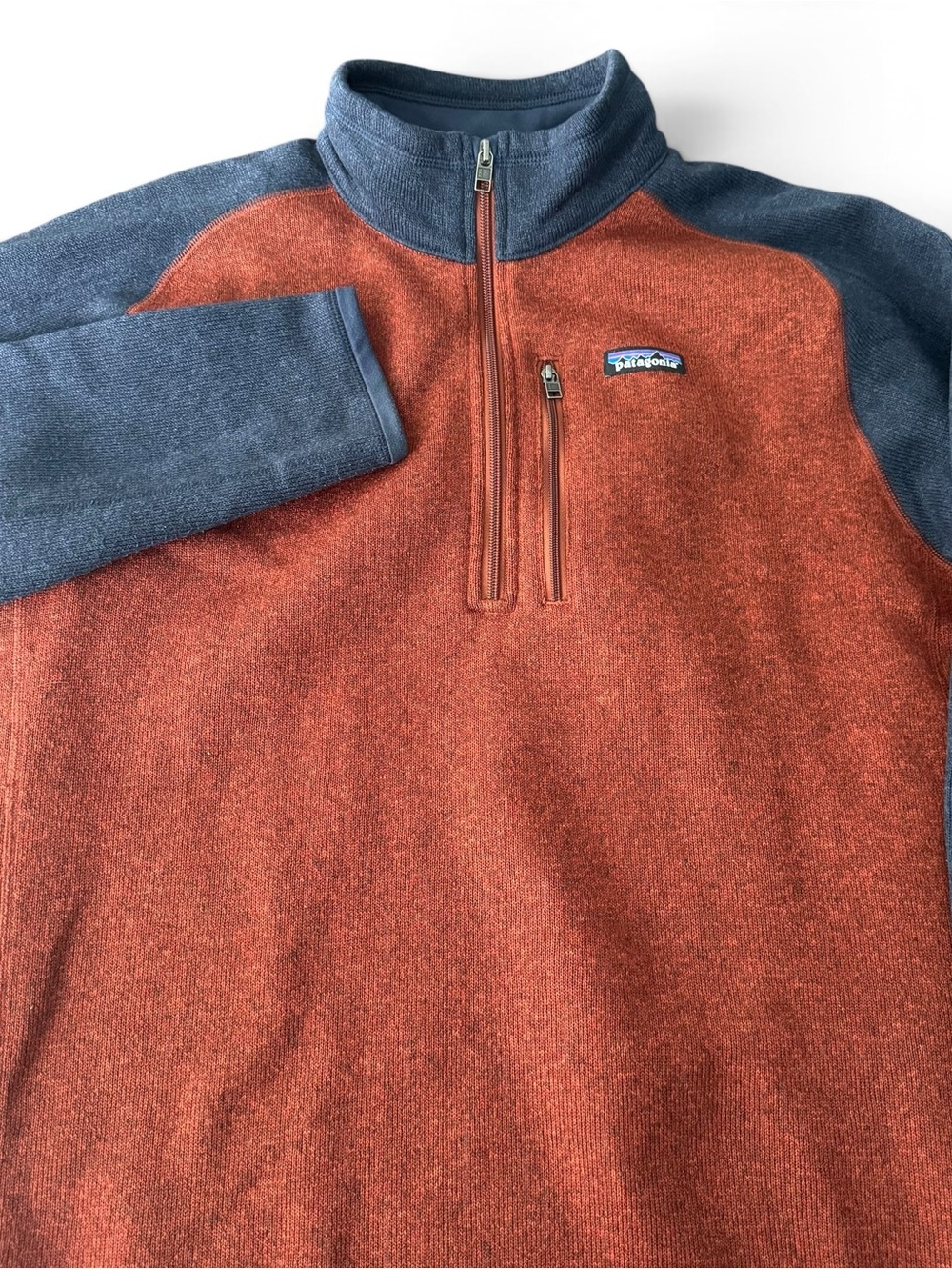 Patagonia Better Sweater 1/4 Zip Pullover Men L Rust Orange Navy Blue Fleece